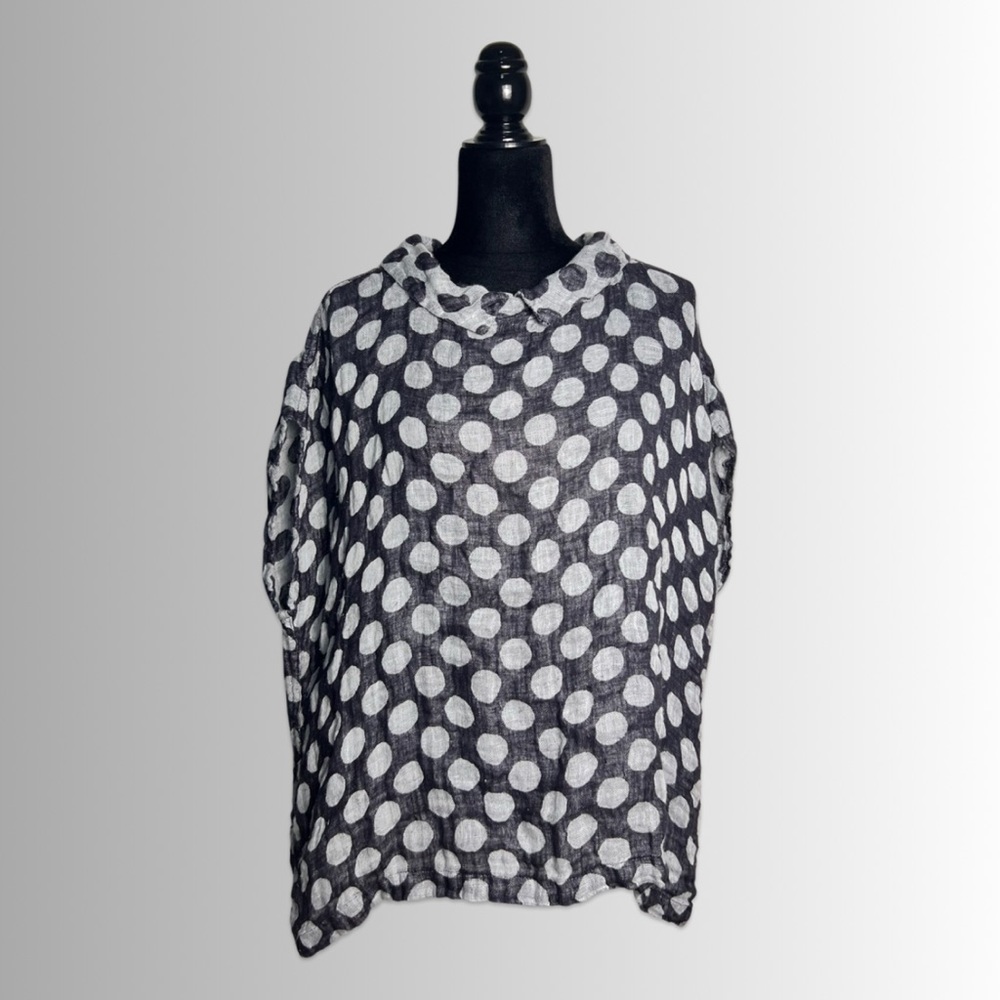 Flax Linen Peter Pan Collar Polka Dot’d Tunic, Blu&White Color-Way, M